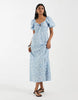 Vero Moda puff sleeve tie front detail maxi dress in blue floral print