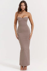 taupe strapless corset maxi dress