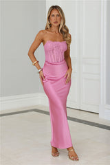 Only Lover Satin Lace Strapless Maxi Dress Pink
