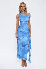 Ocean Bloom One Shoulder Mesh Maxi Dress Blue