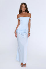 The After Party Off Shoulder Satin Maxi Dress Blue