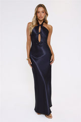 Sleek Halter Neck Cutout Satin Maxi Dress Navy