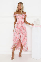 Whispering Blossoms Off Shoulder Maxi Dress Pink