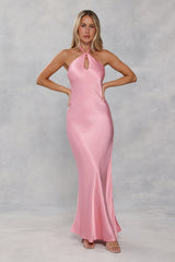 The Delilah Satin Halter Maxi Dress Candy Pink
