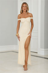 Cherished Off Shoulder Lace Maxi Dress Lemon