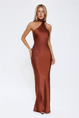 Cinnamon Glaze Halter Satin Maxi Dress Brown