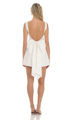 High Neck Back Bow Dress In White