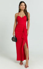 Silvana Midi Dress - Halter Ruched Side Split Dress in Red