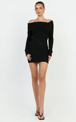 Tess Mini Dress - Asymmetric Off Shoulder Long Sleeve Knit Dress in Black