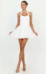Seraphina Mini Dress - Halter Neck Clipped Jacquard Dress in White