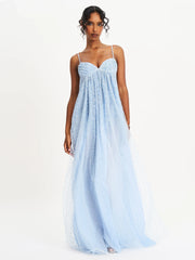 Wallie Baby Blue Rhinestone Embellished Mesh Backless Gown