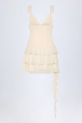 Lace Up Ruffled Tiered Mini Dress in Ivory