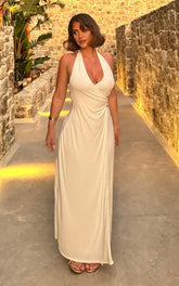 Roseville Midi - Wrap Front Halter Dress with Hardware Detail in White