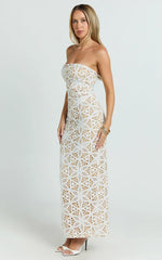 Tamika Midi Dress - Crochet Strapless Column Dress in White