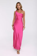 Romantic Tales Satin One Shoulder Maxi Dress Hot Pink