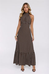 Pretty Wins Again Polka Dot Halter Maxi Dress Brown