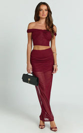 Francine Two Piece Top and Skirt Set - Twist Front Top and Mid Waist Gathered Maxi Skirt in Wine