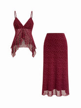 Velvet V-Neck Floral Ruffle Cami Top & Mid Rise Midi Skirt Set