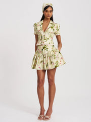 Zanelle Green Floral Print Drop Waist Linen Full Skirt