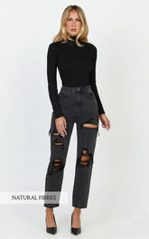 Billie Jeans - High Waisted Cotton Distressed Mom Denim Jeans in Black Wash