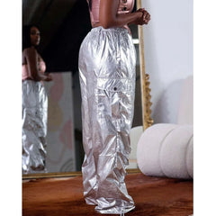 JuliaFashion - Silver Metallic High Waist Cargo Pants