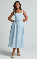 Linen Look Square A Line Dress in Blue