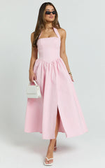 Halter Tie Neck Corset Panel Dress in Pink