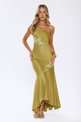 Jelly Glow One Shoulder Satin Maxi Dress Olive