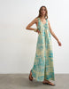 Topshop cotton poplin ruched neck maxi sundress in blue abstract print