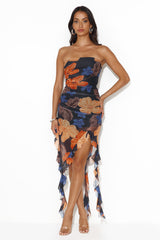 Space Apart Strapless Mesh Frill Midi Dress Black