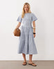 Ghospell Piper short sleeve tiered skirt midi dress in light blue striped print