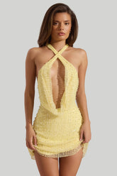 Embellished Cowl Neck Backless Mini Dress in Yellow