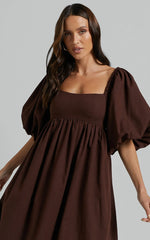 Cenia Midi Dress - Linen Straight Neck Shirred Back Puff Sleeve Dress in Dark Oak