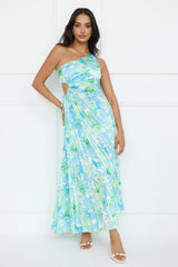 Emerald Ice One Shoulder Satin Pleated Maxi Dress Blue