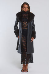 The Front Row Belted Faux Leather Fur Coat Black