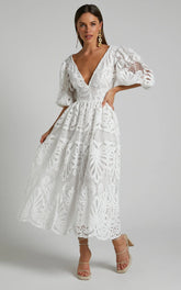 Anieshaya Midi Dress - V Neck Cut Out Lace Dress In White