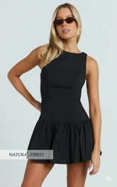 Izira Mini Dress - Boat Neck Drop Waist Shift Dress in Black