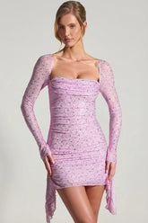 Embellished Draped Cowl Neck Mini Dress in Peony Pink