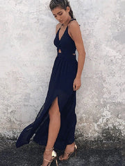 Maxi Dress Halter Twisted Long Split Backless Dark Navy Chiffon Sexy Dress