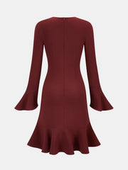 Bell Sleeve Asymmetrical Ruffle Fitted Dress