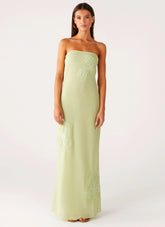 Sassafras Beaded Flower Strapless Maxi Dress Lime