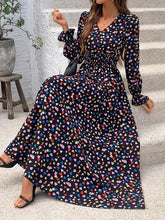 Loose Puff Sleeves Elasticity Floral Printed Split-Joint V-Neck Maxi Dresses