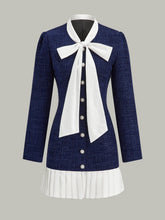 Pleated Hem Bow Neckline Tweed Mini Dress