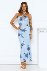 Petal Dusk Mesh Halter Maxi Dress Blue
