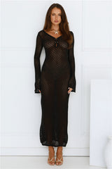 Sailing Into Sunset Knit Long Sleeve Maxi Dress Black