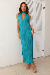 HELLO MOLLY Excitement Plisse Halter Maxi Dress Teal