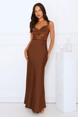 Permission To Party Satin Maxi Dress Brown