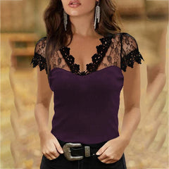 JuliaFashion - 2024 Women Casual V-neck Lace Short Sleeve Sexy Solid Shirt Top