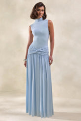 Glimora | Powder Blue High-Neck Maxi Dress With Ruched-Detailing