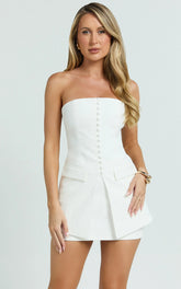 Monroe Two Piece Set - Strapless Button Down Longline Vest Top and High Waisted Mini Skirt in White
